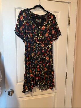 Anthropologie Black Tiered Dress with Red & Green Floral Print